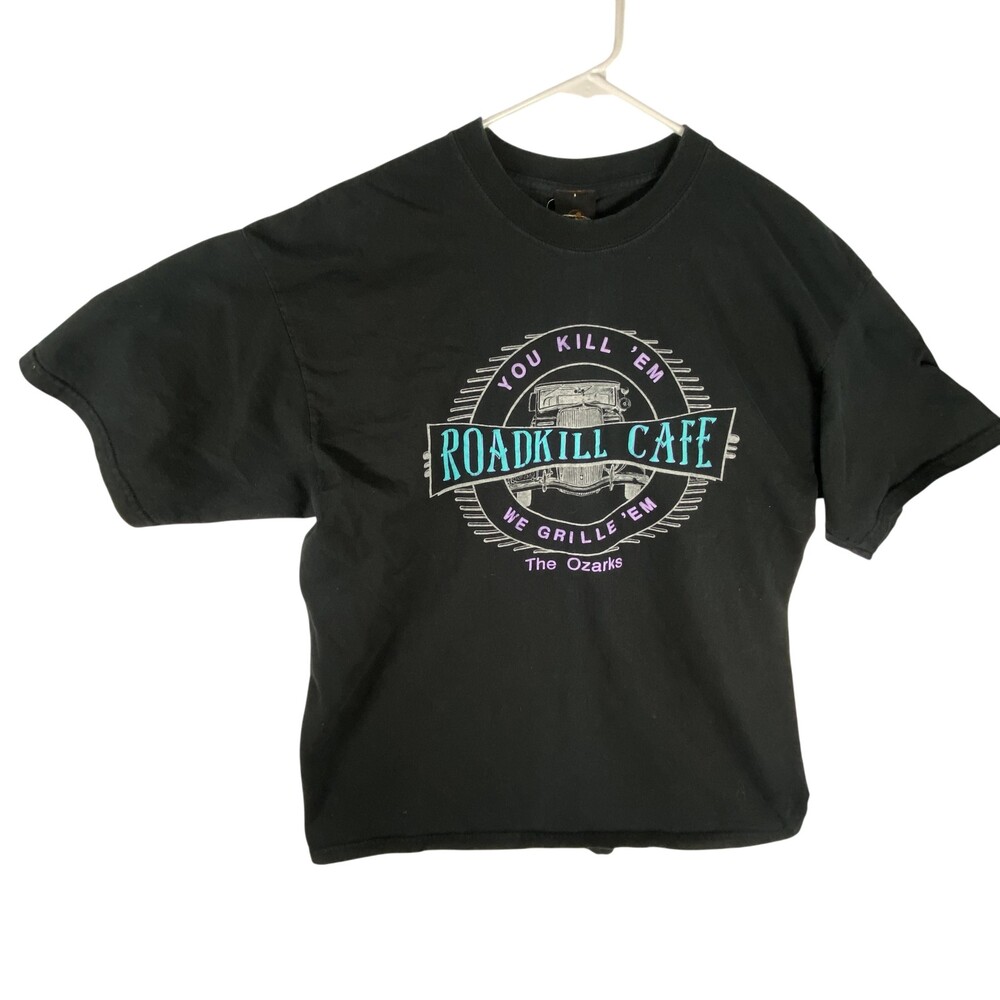 Vintage Roadkill Cafe Shirt Mens XL Prairie Mountain Black Funny Menu Ozarks